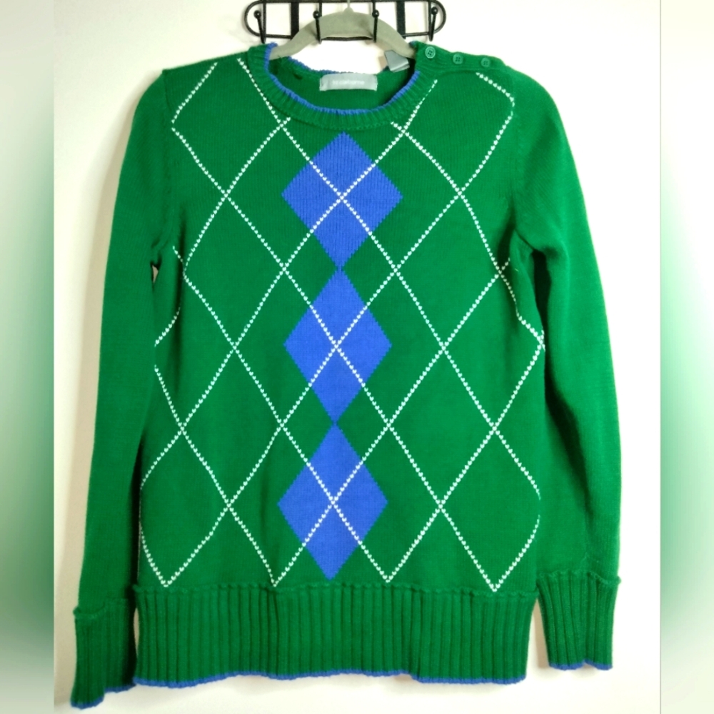 Liz Claiborne (Size S) Green & Blue Argyle Crewneck LS 100% Cotton Knit Sweater